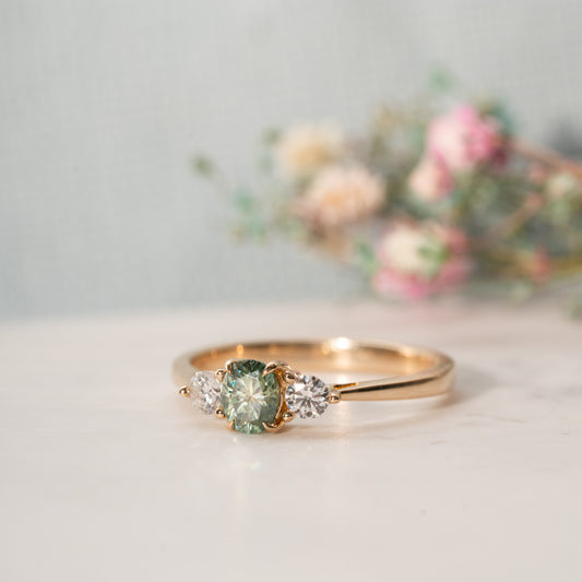 The Tabitha Ring | Seafoam Green Oval Moissanite & Lab Diamond Trilogy