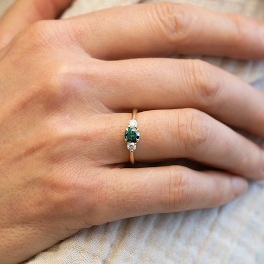 The Tabitha Ring | Emerald Green Moissanite & Lab Diamond Trilogy 14k Yellow Gold