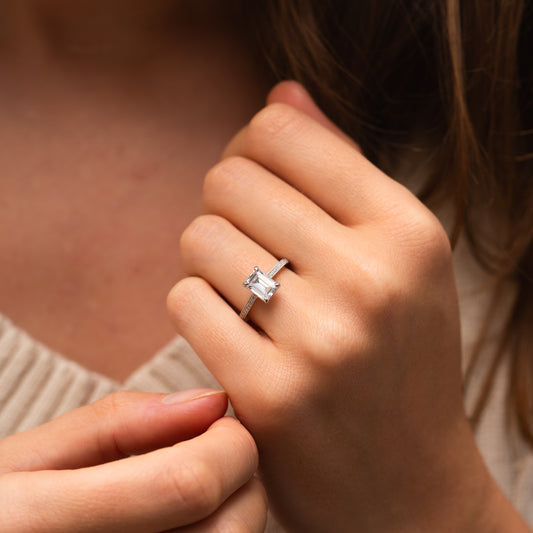 The Tatiana Ring | Emerald Cut Lab Diamond Shoulder Set Engagement