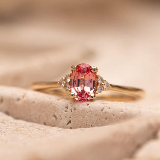 The Victoria Ring | 0.84ct Chatham® Oval Padparadscha Sapphire & Lab Diamond 9k Yellow Gold