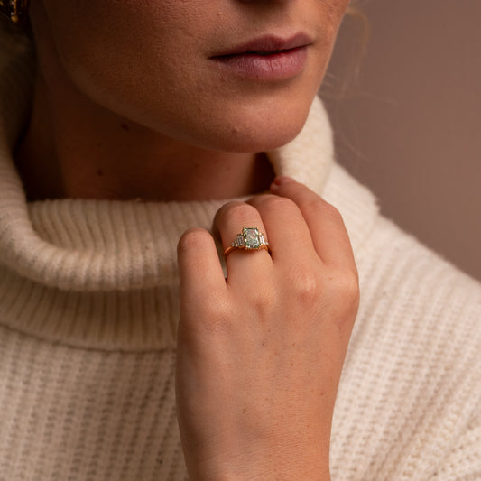 The Amber Ring | Emerald Cut Green Lab Diamond Art Deco Accented Engagement