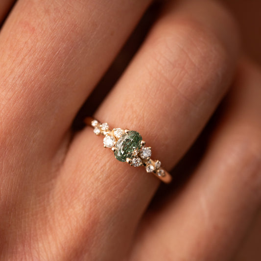The Serephina Ring | 0.75ct Green Oval Lab Diamond Scattered Accented Engagement