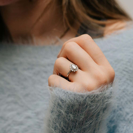 The Dina Ring | Moissanite & Diamond Vintage Pear Engagement Halo